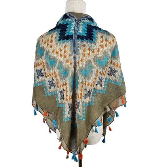 Southwestern Style Multicolor Tassel Shawl Scarf Wrap Blue Tan Aztec Bohemian SW - Picture 1 of 5